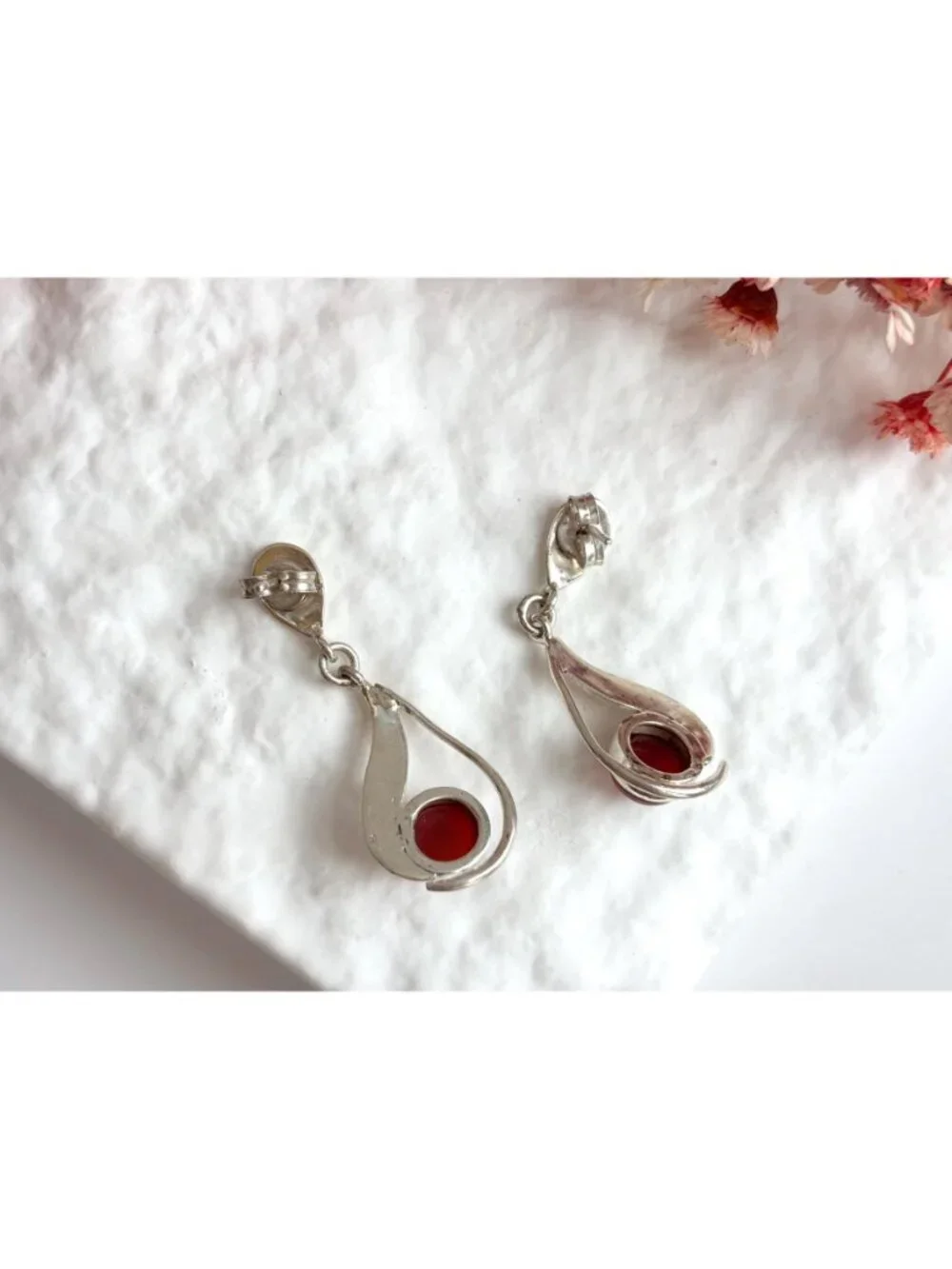 Carnelian Stone Midcentury Modern Stylized Vintage Sterling Silver 925 Earrings